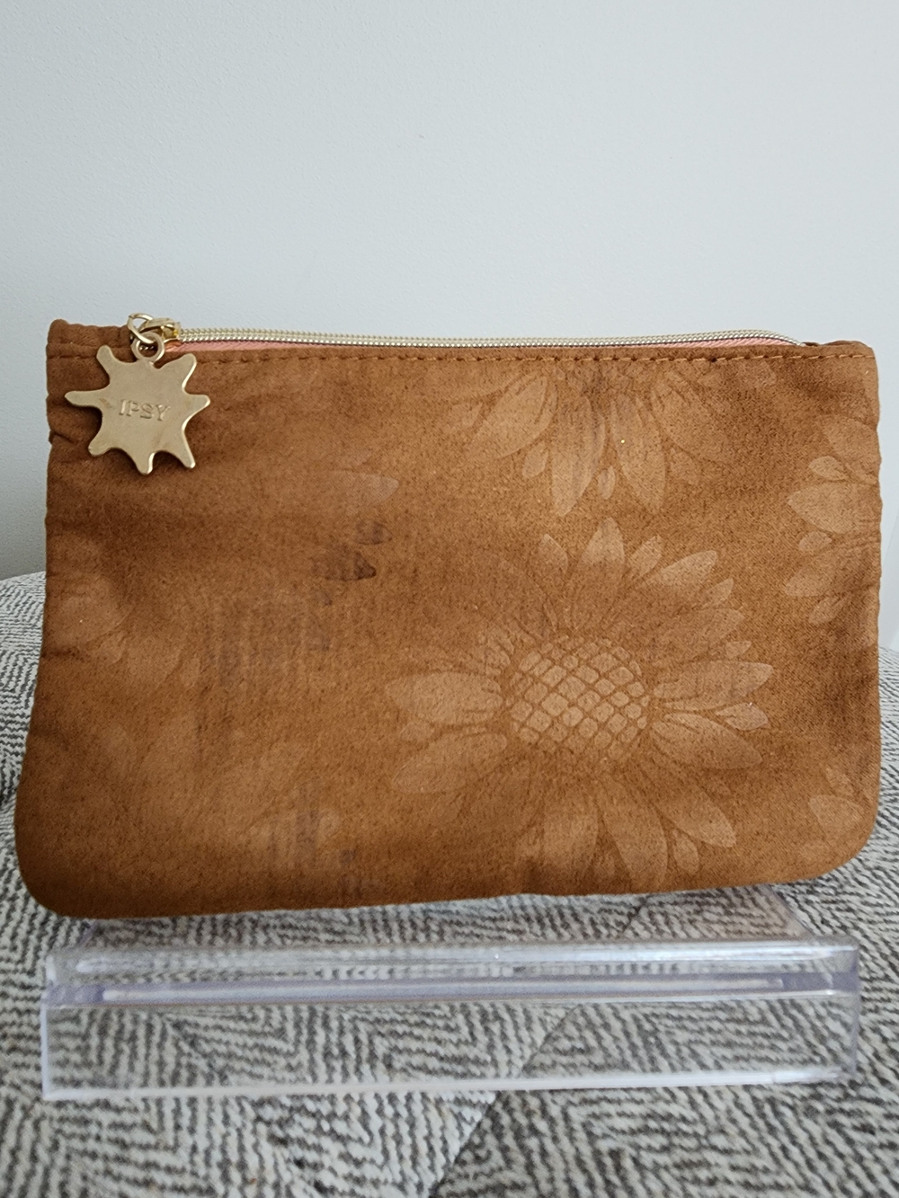 Ipsy Suede Sunflower Cosmetic Pouch - Tan